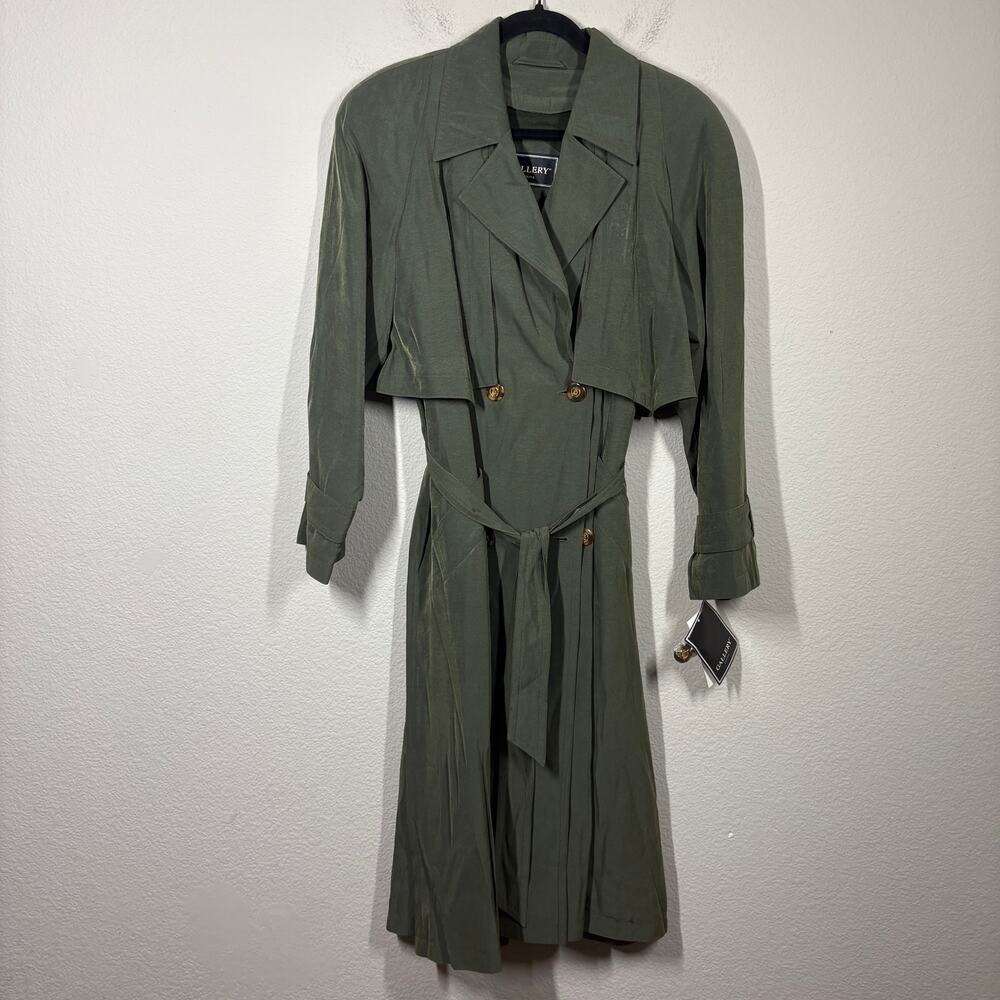 Gallery Petite 10 Double Breasted Trench Coat Olive Green Belted Zip Out NWT